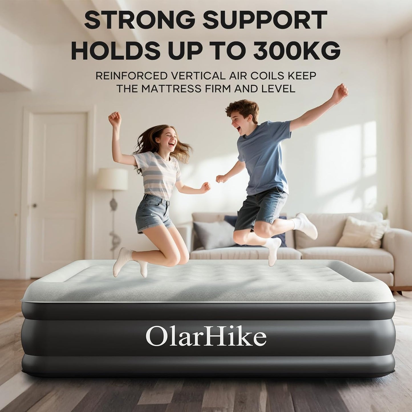 OlarHike King Size Inflatable Air Mattress with Built-in Pump – Self-Inflating Blow Up Bed for Home & Camping, 203x152x46cm (Black)